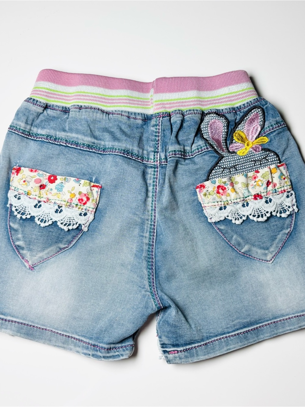 Girls Light Wash Denim Bunny Shorts Eyelet Lace Trim Elastic Waist Kawaii - Picture 6 of 10